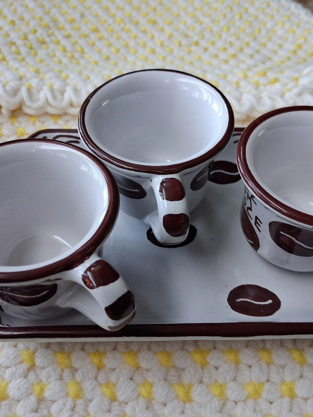 Ceramic Espresso Cup and Serving Tray Set in White with Brown Accents